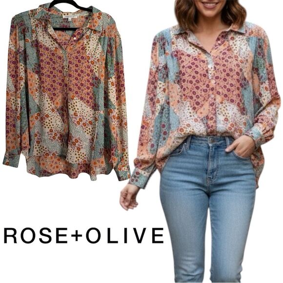 Rose & Olive Tops - Rose & Olive Multicolor Floral Patchwork Blouse with Ruffles Size Large